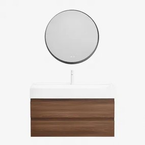 Zestaw Wiszących Mebli Łazienkowych Z Drewna I Forniru Jesionowego Zintegrowany Z Umywalką Ona Ciemna Czerń - Sklum