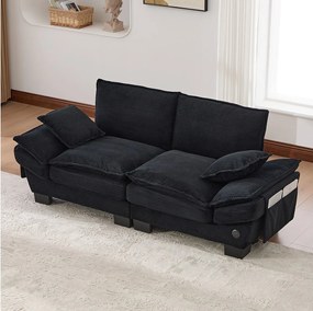 Sofa dwuosobowa z kordu - 190 x 73 x 84 cm - z portem USB i kieszeniami - wypełnienie z pianki - kolor czarny