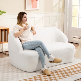 HOMCOM Sofa 2-osobowa, zaokrąglony design, kanapa z pokryciem fleece, do salonu, sypialni, biura, Kremowy