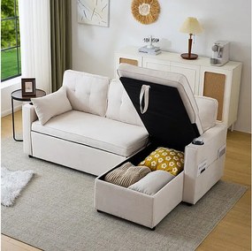 Kabrioletowa sofa narożna w bawełnie i pościel, Meridian z przechowywaniem, podstawką pod kubek, 211x129.5x86cm, Beż