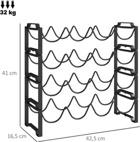 HOMCOM 4-poziomowy Regał na Wino, wolnostojący dla 16 butelek, Metal, Czarny