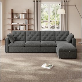 Nowoczesny narożnik 4-osobowy z pojemnikiem na pościel - podłokietniki boczne z kieszeniami 281 x 132 x 86 cm - welur - szary