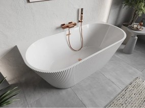 Mexen Oris wanna wolnostojąca przyścienna ryflowana 150 x 75 cm, biała, przelew miedź szczotkowana - 52871507500-65