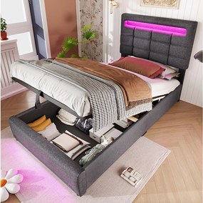 Łóżko ze schowkiem dla dorosłych 90x200 cm z oświetleniem LED i portem USB, len szary – bez materaca