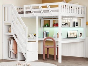 Łóżko na antresoli 140x200cm - z drabiną z pojemnikami - z biurkiem - port USB - z oświetleniem LED - biały​ (materac nie jest wliczony w cenę)