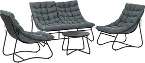 Outsunny Zestaw Mebli Ogrodowych dla 4 Osób, 2 Krzesła, 1 Sofa Dwuosobowa, 1 Stolik z Szkłem, Grube Poduszki, Stalowa Rama, na Taras, Szary