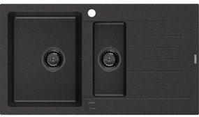 Mexen Matias zlewozmywak granitowy 1,5-komorowy z ociekaczem 900 x 505 mm czarny/srebrny metalik, syfon czarny - 6502901505-73-B