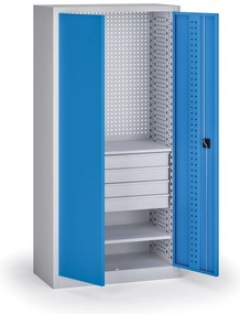 Szafa warsztatowa, 2 półki + 4 szuflady, 1950 × 950 × 500 mm, niebieskie drzwi