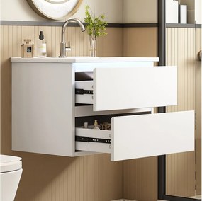 Pojedyncza umywalka ceramiczna pod umywalkę wiszącą - 61 x 46 x 45 cm - wykończenie lakierowane - z diodami LED + 2 szuflady - ceramika + MDF - biały