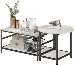 HOMCOM Zestaw Stolików Kawowych, 2 Pomocnicze Stoliki, Wygląd Marmuru, Regulowane Nóżki, Stal, Czarny/Biały