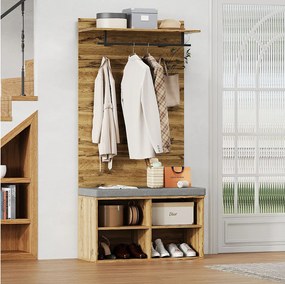 Wieszak na ubrania do korytarza z ławką na buty i drążkiem na ubrania, regulowane półki - naturalny