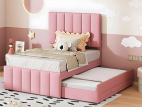 Łóżko tapicerowane lniane 90x200cm - z łóżkiem wysuwanym na kółkach i 3 szufladami - Różowe