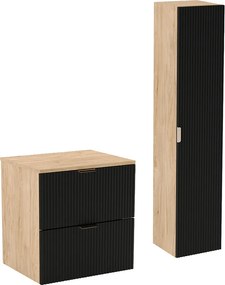 Zestaw Łazienkowy 60cm Szafka Blat Słupek Ryflowane Fronty Czarny / Dąb Orzech