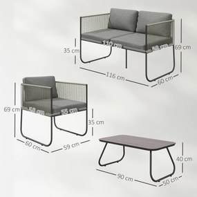 Komplet wypoczynkowy z Polyrattanu Outsunny: sofa + fotele + stolik z poduszkami, odporny na warunki atmosferyczne, 116 x 60 x 69 cm, Brązowy+Ciemnoszary