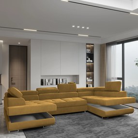 Masseno Narożnik RAGGIO z funkcją spania i pojemnikiem na pościel Narozniki U, Rozkładana sofa - Żółty, MONOLITH 48