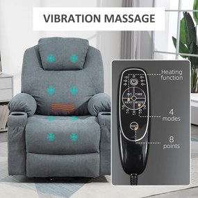 HOMCOM Fotel Masujący z Funkcją Pomocy przy Wstawaniu dla Seniorów, 8 Punktów Masażu, Boczne Kieszenie, Pilot, 90D x 101S x 107W cm, Szary