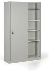 Metalowa szafa z przesuwnymi drzwiami, 4 półki, 1200 x 1990 x 450 mm, jasnoszary