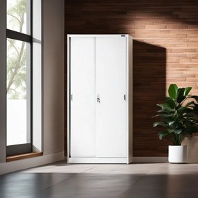 Biurowa szafa metalowa z drzwiami przesuwnymi KUBA, 900 x 1850 x 400 mm, biała