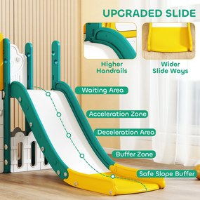 AIYAPLAY 9-w-1 zestaw zjeżdżalni i huśtawki dla maluchów z koszem do koszykówki, teleskopem, tablicą do rysowania, designem żabki, Żółty+Zielony