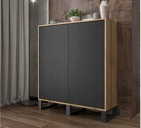 Komoda z 4 drzwiami – korpus dąb wotan, fronty czarne mat – 113 cm, metalowe nogi