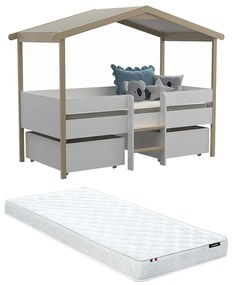 Łóżko w kształcie domku SAROSI z szufladami – 90 × 190 cm – drewno lipowe – kolor biały i dębowy, w zestawie z materacem