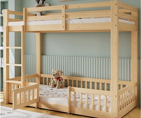 Łóżko piętrowe 90x200 cm - z barierkami bezpieczeństwa - drewno lite + Rady LVL - Naturalny
