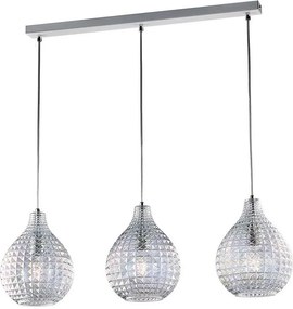Szyna Diamante Track z białego żelaza i chromowanej ramy, regulowane kable, przezroczyste klosze z dmuchanego szkła z efektem kryształu, 3 światła