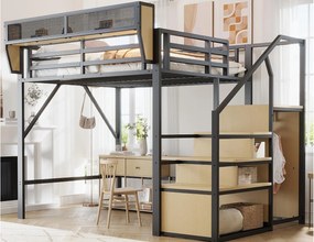 Łóżko antresola 140×200 cm - z drabinką - modułowe schowki - metalowe - czarne (bez materaca)