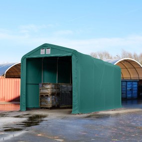 TOOLPORT 4x8m Hala namiotowa - 3,35 m wysokość ścian bocznych z 3,5x3,5m brama, PRIMEtex 2300, ciemnozielony, ze statyką (podłoże gruntowe) - (49393)
