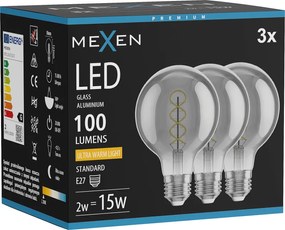 Mexen Vintis 3x żarówka filament spirala LED E27, G80, 2W, Ciepła - 2200K, 100 lm, smoke - L165-E27-0222-70x03
