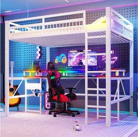 Łóżko piętrowe dla dzieci - 140 x 200 cm - rama żelazna - z diodami LED + biurko + port USB + gniazdko elektryczne - metalowe - białe