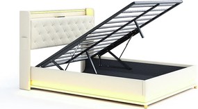 Łóżko 140x200 cm z pojemnikiem Łóżko - Łóżko dla dorosłych z oświetleniem LED i ładowaniem USB - beżowy len - bez materaca