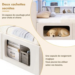 Sofa rozkładana dla zwierząt domowych - 90 x 200 cm - z diodami LED + USB + pamięcią - welurowa - beżowa