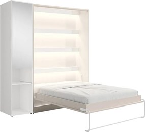 Łóżko chowane w szafie pionowe 160 x 200 cm - 1 kolumna do przechowywania - Z lustrem i oświetleniem LED - Beżowe - RAPILI