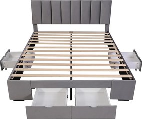 Łóżko dla dorosłych z 4 szufladami i zagłówkiem - 160 x 200 cm - aksamit - stelaż listwowy - kolor szary