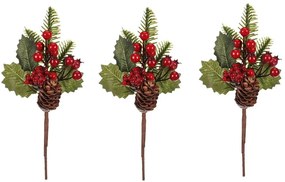 Zestaw gałązek z szyszkami i jagodami, 3 szt., czerwony, 24 cm