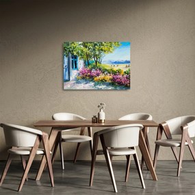 Obraz na szkle ogrodu przed domem, obraz olejny (70x50 cm)