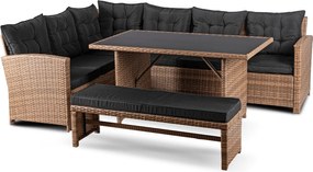 Narożnik ogrodowy technorattan Solvio ze stołem i ławką, jasnobrązowy, poduszki czarne