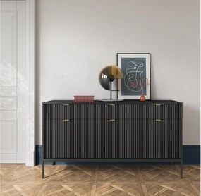 Komoda Elegancka DomoHome NOVA – 154x83x39cm, fasada Geriffelt, złote uchwyty, uniwersalny design, 3 szuflady i 3 drzwi, Czarna rama