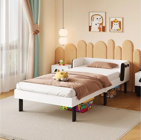 Łóżko dziecięce 90×200 cm w kształcie pieska z bezpieczną barierką, solidne drewno – białe