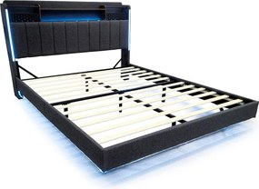 Tapicerowane łóżko 140x200cm - Wielofunkcyjne wezgłowie - z oświetleniem LED i portem USB - design w zawieszeniu - Szary