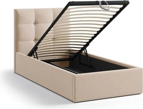 Jasnobrązowe tapicerowane łóżko jednoosobowe ze schowkiem i stelażem 90x200 cm Phaedra – Micadoni