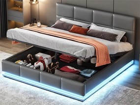 Łóżko 160x200cm z ekoskóry z LED + stelaż z listew + regulowane wezgłowie - Szare