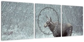 Obraz - Łoś w śnieżnym lesie (z zegarem) (90x30 cm)