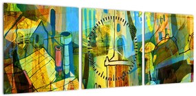 Obraz - Architektura, abstrakcja kubistyczna (z zegarem) (90x30 cm)