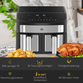 HOMCOM Frytkownica na gorące powietrze 8L z podwójną komorą, Airfryer z 10 programami, 2400 W frytkownica na gorące powietrze z ekranem dotykowym, przepisami, bez oleju, czarna