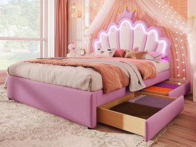 Łóżko dziecięce tapicerowane 140x200 cm - z LED i 2 szufladami - Różowe