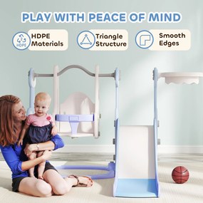 AIYAPLAY 4 w 1 Kryty plac zabaw, zestaw zjeżdżalni i huśtawki dla małych dzieci, kosz do koszykówki, design rakietowy, plastik, Jasnoniebieski