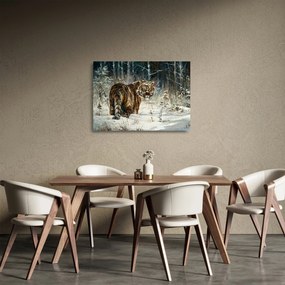 Obraz na szkle - Tygrys w zaśnieżonym lesie, obraz olejny (70x50 cm)