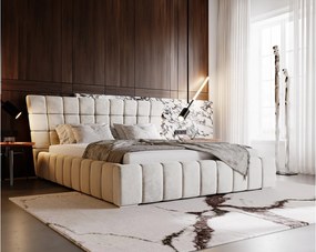 Emporius Deluxe łóżko tapicerowane 160x200 cm - łóżko przeszywane w nowoczesnym stylu - pojemnik i stelaż, tkanina aksamitna, wanilia (Magic Velvet 2201)